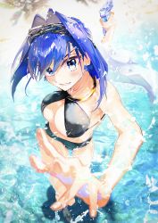 Rule 34 | 1girl, :d, absurdres, bare arms, barefoot, bikini, black bikini, blue bow, blue eyes, blue hair, blush, bow, bow earrings, breasts, chain, cleavage, clothing cutout, earrings, hair intakes, highres, hololive, hololive english, in water, iris (tb33064667), jewelry, large breasts, looking at viewer, medium hair, open mouth, ouro kronii, see-through, smile, solo, splashing, swimsuit, toes, veil, virtual youtuber, wading, water, water gun