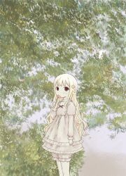 Rule 34 | 1girl, blonde hair, bloomers, dress, feet out of frame, flower, frilled dress, frills, hair flower, hair ornament, hand up, highres, holding, holding flower, long hair, long sleeves, looking at viewer, original, outdoors, shiromomo sofuto, short dress, solo, standing, tree, underwear, wavy hair, white bloomers, white dress