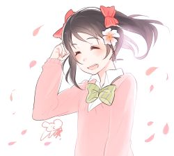 Rule 34 | 10s, 14 (vision5032), 1girl, :d, ^ ^, arm up, bad id, bad twitter id, black hair, blush, bow, closed eyes, flower, hair bow, hair flower, hair ornament, long sleeves, love live!, love live! school idol project, open mouth, petals, red bow, ribbon, school uniform, short hair, simple background, smile, solo, twintails, white background, yazawa nico