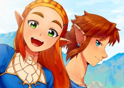 Rule 34 | 1boy, 1girl, :d, blonde hair, blue eyes, braid, day, earrings, eyebrows, green eyes, hair ornament, hairclip, highres, jewelry, link, long hair, looking at viewer, mountain, nintendo, open mouth, outdoors, pointy ears, princess zelda, selfie, short ponytail, sky, smile, the legend of zelda, the legend of zelda: breath of the wild, thick eyebrows