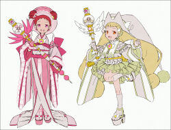 Rule 34 | 2girls, :d, adapted costume, blonde hair, brooch, commentary request, dodo (ojamajo doremi), double bun, fairy, frilled kimono, frills, full body, gloves, hair bun, hakusai (tiahszld), harukaze doremi, hat, holding, holding staff, japanese clothes, jewelry, kimono, long hair, long sleeves, looking at viewer, low twintails, magical girl, makihatayama hana, multiple girls, ojamajo doremi, okobo, open mouth, pink eyes, pink footwear, pink gloves, pink headwear, pink kimono, red hair, sandals, short hair, short kimono, simple background, smile, socks, staff, standing, standing on one leg, tabi, toto (ojamajo doremi), twintails, very long hair, white background, white footwear, white gloves, white headwear, white kimono, white socks, wide sleeves, wing hair ornament