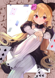 Rule 34 | 1girl, :o, black bow, black skirt, blonde hair, blush, bow, brooch, card, club (shape), collarbone, commentary request, diamond (shape), earrings, feet, flower, furukawa itsuse, hair bow, hair flower, hair ornament, heart, highres, invisible chair, jewelry, juliet sleeves, knee up, long hair, long sleeves, looking at viewer, miniskirt, no shoes, original, pantyhose, parted lips, playing card, puffy sleeves, purple flower, red eyes, ribbed legwear, ribbed shirt, shade, shirt, sidelocks, sitting, skirt, skull earrings, solo, spade (shape), striped clothes, striped pantyhose, turtleneck, vertical-striped clothes, vertical-striped pantyhose, very long hair, white pantyhose, white shirt