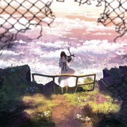 Rule 34 | 1girl, black hair, broken fence, brown hair, chain-link fence, city, cloud, day, dress, fence, flower, from behind, grass, hand up, hill, long hair, original, outdoors, railing, ruins, scenery, shuu illust, sign, sky, solo, standing, white dress