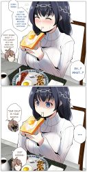 Rule 34 | 2girls, bacon, black hair, blue eyes, brown hair, butter knife, chibi, chibi inset, comic, eating, english text, engrish text, food, fork, fried egg, fried egg on toast, highres, hololive, hololive english, meow7tail, multiple girls, nanashi mumei, nanashi mumei&#039;s horror painting, ouro kronii, plate, ranguage, shaded face, table, toast, virtual youtuber, yuri