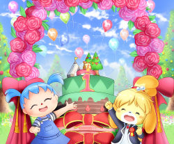 Rule 34 | 2girls, alcyone (cyclone gx), animal crossing, balloon, birthday cake, blue sky, blush stickers, bow, cake, child, closed eyes, cloud, cloudy sky, day, flat chest, flower, food, furry, isabelle (animal crossing), multiple girls, nintendo, open mouth, outdoors, rose, shirt, sky, striped clothes, striped shirt, suspenders, teeth, topknot, twintails, two-tone bow, upper teeth only, villager (animal crossing)