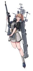 Rule 34 | 1girl, absurdres, apron, black shirt, blue eyes, bolt action, brown hair, flight deck, full body, grey skirt, gun, highres, intrepid (kancolle), kantai collection, looking at viewer, m1903 springfield, machinery, neck pillow, open mouth, ponytail, rifle, shirt, short hair, skirt, smile, solo, sozan, transparent background, weapon, white skirt