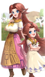 Rule 34 | 2girls, :d, absurdres, animal, belt, bird, blue eyes, boots, breasts, brown belt, brown footwear, brown hair, commentary request, cow, cremia, cucco, dress, duplicate, forehead, gonzarez, grass, height difference, highres, holding, holding animal, holding bird, large breasts, long hair, long skirt, looking at viewer, multiple girls, neckerchief, nintendo, open mouth, outdoors, pink skirt, pixel-perfect duplicate, pointy ears, romani (zelda), shirt, short sleeves, siblings, sidelocks, sisters, skirt, smile, standing, the legend of zelda, the legend of zelda: majora&#039;s mask, very long hair, white dress, white shirt, yellow neckerchief