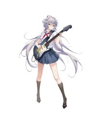 Rule 34 | 1girl, black footwear, black socks, blue sailor collar, blue skirt, closed mouth, electric guitar, floating hair, full body, green eyes, grey hair, guitar, hair between eyes, hair ribbon, hair rings, highres, holding, holding instrument, instrument, legs apart, long hair, looking at viewer, low twintails, luo tianyi, miniskirt, music, neckerchief, playing instrument, pleated skirt, red neckerchief, red ribbon, ribbon, sailor collar, school uniform, serafuku, shirt tucked in, short sleeves, skirt, socks, solo, tachi-e, twintails, variant set, very long hair, vocaloid, vsinger, white background, white serafuku, zoooyt