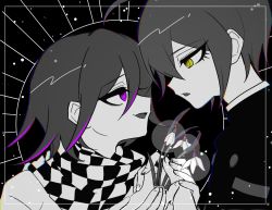 Rule 34 | 2boys, black background, border, buttons, checkered clothes, checkered scarf, danganronpa (series), danganronpa v3: killing harmony, double-breasted, eye contact, flower, hair between eyes, hands up, holding, looking at another, male focus, multiple boys, open mouth, oma kokichi, pink eyes, pink hair, profile, purple eyes, saihara shuichi, sasakama (sasagaki01), scarf, spot color, white border, yellow eyes