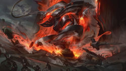 Rule 34 | 6+others, absurdres, battlecast zac, dust, giant, glowing, glowing eyes, gun, highres, holding, holding gun, holding weapon, league of legends, military, military vehicle, lava, monster, motor vehicle, multiple others, outdoors, red eyes, soldier, tank, weapon, wutu (1183238220), zac (league of legends)