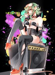 Rule 34 | 1girl, bare shoulders, collar, corset, fishnets, frills, goggles, goggles on head, green eyes, green hair, gumi, headset, high heels, highres, looking at viewer, matching hair/eyes, nou (nounknown), shoes, short hair, sitting, smile, solo, speaker, thighhighs, torn clothes, vocaloid