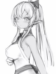 Rule 34 | 1girl, bare shoulders, blush, bow, breasts, closed mouth, covered erect nipples, dark-skinned female, dark skin, elf, embarrassed, from side, greyscale, hair bow, highres, hololive, large breasts, looking at viewer, monochrome, nanashi (nlo), parted lips, pointy ears, ponytail, shiranui flare, shiranui flare (1st costume), simple background, solo, sweatdrop, virtual youtuber, white background