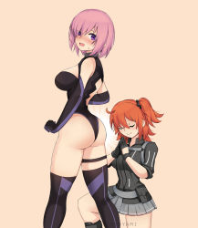 Rule 34 | 2girls, absurdres, ahoge, ass, back, back cutout, bare shoulders, belt, black footwear, black gloves, black jacket, black legwear, black leotard, black scrunchie, blush, boots, breasts, cleavage cutout, closed eyes, closed mouth, clothing cutout, collar, elbow gloves, fate/grand order, fate (series), fujimaru ritsuka (female), fujimaru ritsuka (female) (polar chaldea uniform), gloves, grand prix richmond crackstyle (meme), grey skirt, hair ornament, hair over one eye, hair scrunchie, highleg, highleg leotard, highres, hioyami, jacket, kneeling, large breasts, leotard, light purple hair, looking at viewer, looking back, magic: the gathering, mash kyrielight, medium breasts, meme, metal collar, multiple girls, on one knee, one side up, open mouth, orange hair, own hands together, polar chaldea uniform, pouch, praying, purple eyes, scrunchie, short hair, simple background, skirt, smile, thighhighs, thighs