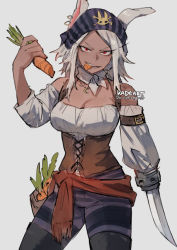 Rule 34 | 1girl, animal ears, boku no hero academia, breasts, carrot, cleavage, corset, cowboy shot, dark-skinned female, dark skin, food in mouth, gloves, kadeart, knife, long eyelashes, long hair, looking at viewer, mirko, muscular, muscular female, pirate costume, prosthetic weapon, rabbit ears, rabbit girl, rabbit tail, red eyes, sidelocks, solo, tail, thighhighs, thighs, twitter username, white hair