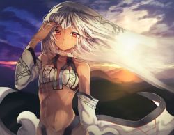 Rule 34 | 10s, 1girl, altera (fate), arm behind back, bad id, bad pixiv id, blush, breasts, cloud, cloudy sky, collarbone, commentary, dark-skinned female, dark skin, detached sleeves, fate/extella, fate/extra, fate (series), grasslands, hand in own hair, hand up, highres, light rays, light smile, long hair, looking at viewer, meadow, medium breasts, midriff, navel, red eyes, ribbon, silver hair, sky, smile, solo, suminagashi, sunbeam, sunlight, sunrise, tattoo, upper body, veil, white ribbon