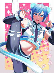 Rule 34 | 1boy, 6v6 1212, absurdres, animal ears, black leggings, blue eyes, blue hair, blue nails, blush, boots, border, cat ears, cat tail, claw pose, crop top, detached sleeves, fang, hair between eyes, headphones, highres, kaito (vocaloid), leg up, leggings, looking at viewer, male focus, mechanical tail, midriff, navel, neko cyber (module), open mouth, outside border, project diva (series), shirt, short hair, sleeveless, sleeveless shirt, smile, solo, split, standing, standing on one leg, standing split, star (symbol), tail, tight clothes, vocaloid, white border