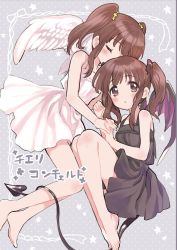 Rule 34 | 2girls, amezawa koma, angel and devil, angel wings, bare shoulders, black dress, blush, brown eyes, brown hair, clover, clover hair ornament, commentary request, dated, demon tail, demon wings, dotted background, dress, dual persona, closed eyes, four-leaf clover, full body, hair ornament, highres, holding hands, idolmaster, idolmaster cinderella girls, looking at viewer, multiple girls, ogata chieri, parted lips, star (symbol), tail, twintails, white dress, wings