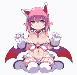 Rule 34 | 1girl, animal ears, blush, breasts, cat ears, cat girl, cleavage, collar, deathlock-san, extra ears, female focus, full body, gloves, highres, large breasts, original, pink hair, pointy ears, red eyes, short hair, simple background, sitting, solo, sweat, thighhighs, wariza, white background, zankuro