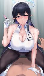 Rule 34 | 1boy, 1girl, :o, black hair, black pantyhose, blue archive, blue eyes, blue hair, blush, breasts, cleavage, collarbone, dress, girl on top, glasses, gloves, halo, hat, highres, large breasts, long hair, looking at viewer, multicolored hair, nurse cap, open clothes, open mouth, open shirt, pantyhose, pointy ears, pov, pov hands, rin (blue archive), shirt, syringe, two-tone hair, tyamurai33, very long hair, white dress, white gloves, white headwear, white shirt