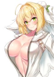 Rule 34 | 10s, 1girl, ahoge, bare shoulders, bell, blonde hair, blush, bodysuit, bow, breasts, breasts apart, bridal veil, bun cover, center opening, cleavage, closed mouth, collar, fate/extra, fate/extra ccc, fate (series), from side, green eyes, hair between eyes, hair bun, hair intakes, head tilt, high collar, highres, large breasts, light smile, lock, looking at viewer, navel, neck bell, nero claudius (bride) (fate), nero claudius (fate), nero claudius (fate) (all), no bra, open bodysuit, open clothes, sankakusui, short hair, short hair with long locks, sidelocks, simple background, single hair bun, smile, solo, unzipped, upper body, veil, white background, white bow