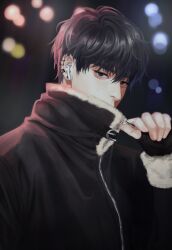 Rule 34 | 1boy, absurdres, airpods, asian, bishounen, black eyes, black gloves, black hair, black jacket, blurry, blurry background, bokeh, character request, copyright request, covered mouth, depth of field, ear piercing, fingerless gloves, fur jacket, gloves, highres, jacket, male focus, multiple piercings, piercing, portrait, ppang sik, solo, thick eyebrows, wireless earphones, zipper
