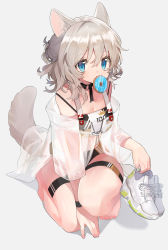 Rule 34 | 1girl, animal ear fluff, animal ears, bad id, bad pixiv id, bandeau, bare legs, bare shoulders, barefoot, blue eyes, breasts, choker, cleavage, doughnut, fang, food, grey background, highres, looking at viewer, medium breasts, micro shorts, mid (gameshe), midriff, mouth hold, nail polish, off shoulder, original, see-through, shadow, shoes, unworn shoes, short hair, short sleeves, shorts, silver hair, slit pupils, sneakers, solo, spaghetti strap, tail, thigh strap, white footwear