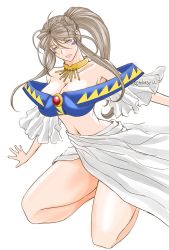 Rule 34 | 1girl, aa megami-sama, antenna hair, bare shoulders, belldandy, blue eyes, breasts, brown hair, cleavage, dress, facial mark, forehead mark, kneeling, large breasts, legs, midriff, navel, open mouth, simple background, thighs, white background
