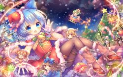 Rule 34 | 5girls, ahoge, alternate costume, animal, antlers, ascot, bell, belt, black hair, blonde hair, blue bow, blue eyes, blue hair, blue wings, blunt bangs, blurry, bow, box, brown belt, candy, candy cane, capelet, christmas ornaments, christmas tree, cirno, closed eyes, cloud, coa (chroo x), daiyousei, depth of field, dress, fake facial hair, fake mustache, food, fur-trimmed capelet, fur trim, gift, gift box, gloves, green hair, hair bow, hat, horns, ice, ice wings, knees up, looking at viewer, luna child, mini person, minigirl, multiple girls, night, night sky, orange hair, pantyhose, pink bow, pom pom (clothes), red capelet, red dress, red footwear, red hat, reindeer, reindeer antlers, santa costume, santa hat, shoes, short hair, sitting, sky, sled, smile, snow, snowflakes, star (symbol), star sapphire, sunny milk, touhou, waving, white gloves, wings, winter, yellow eyes