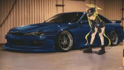 Rule 34 | 1girl, absurdres, black footwear, black hat, black jacket, blue archive, blue car, boots, bottomless, car, green hair, halo, hands on own knees, hat, highres, jacket, leaning forward, long hair, motor vehicle, nissan, nissan s14 silvia, nissan silvia, nougat (73r1r1), nozomi (blue archive), open mouth, orange eyes, pointy ears, smile, solo, spoiler (automobile), stance (vehicle), tail, vehicle focus, very long hair