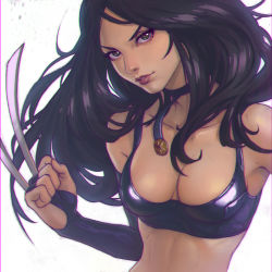 Rule 34 | 1girl, bad id, bad tumblr id, bare shoulders, bikini, bikini top only, black hair, breasts, choker, claw (weapon), cleavage, clenched hand, elbow gloves, eyelashes, fingerless gloves, gloves, green eyes, ilya kuvshinov, jewelry, long hair, marvel, medium breasts, skin tight, sleeveless, solo, swimsuit, weapon, white background, x-23, x-men