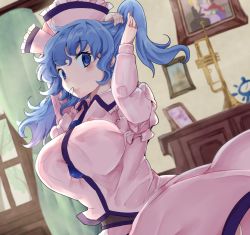 Rule 34 | 1girl, adjusting hair, alternate hairstyle, arms up, blue eyes, blue hair, breasts, dress, dutch angle, frilled shirt collar, frills, hat, indoors, jyaoh0731, large breasts, long hair, looking at viewer, merlin prismriver, mouth hold, pink dress, solo, touhou, tying hair, window