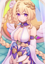 Rule 34 | absurdres, bare shoulders, blonde hair, braid, breasts, closed mouth, clothing cutout, commentary request, detached sleeves, feathered wings, flower, hair flower, hair ornament, highres, large breasts, long hair, looking at viewer, lyrael (princess connect!), navel, navel cutout, princess connect!, purple eyes, runa (runa7733), smile, thigh strap, wings, wrist cuffs