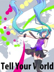 Rule 34 | 1girl, :d, aqua hair, english text, closed eyes, hani kuraun, hatsune miku, headset, highres, long hair, map, necktie, open mouth, outstretched arm, smile, solo, tell your world (vocaloid), thighhighs, twintails, udeita, very long hair, vocaloid