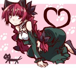 Rule 34 | 1girl, :3, all fours, animal ears, bare shoulders, braid, cat ears, cat tail, choker, dress, extra ears, green dress, heart, heart tail, heart tail duo, hemogurobin a1c, kaenbyou rin, long sleeves, multiple tails, nekomata, paw print, pointy ears, red eyes, red hair, ribbon choker, solo, tail, touhou, twin braids, underbust