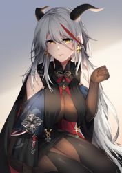 1girl aegir_(azur_lane) artist_name azur_lane bare_shoulders black_cape black_gloves black_legwear black_skirt bodystocking breast_curtains cape cross cross_earrings demon_horns earrings elbow_gloves gloves grey_background hair_between_eyes highres horns impossible_clothes iron_cross jewelry long_hair looking_at_viewer miniskirt multicolored_hair red_hair simple_background sitting skin_tight skirt solo streaked_hair streyah two-tone_hair underbust very_long_hair watermark white_hair yellow_eyes