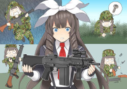 Rule 34 | 1girl, alternate costume, artist self-insert, battle rifle, belt pouch, black gloves, blue eyes, bow, brown hair, camouflage, camouflage headwear, camouflage jacket, camouflage pants, check commentary, chibi, chibi inset, commentary, commentary request, crawling, crying, crying with eyes open, disassembly, drill hair, drill sidelocks, electrical tape, fatigues, fingerless gloves, gear (gearba50), girls&#039; frontline, gloves, grass, gun, hair bow, happy tears, helmet, holding, holding gun, holding weapon, howa type 64, howa type 64 (girls&#039; frontline), huge bow, jacket, jury-rigged, long hair, maintenance, modified, necktie, pants, pouch, rain, repairing, rifle, running, screw, searching, sidelocks, skirt, solo, spoken screw, spring (object), streaming tears, suspender skirt, suspenders, table, tears, very long hair, weapon, white bow