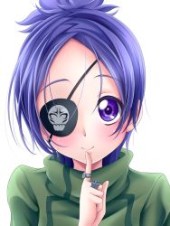 Rule 34 | 1girl, chrome dokuro, closed mouth, eyepatch, finger to mouth, highres, jewelry, katekyo hitman reborn!, looking at viewer, purple eyes, purple hair, ring, s-operator, school uniform, short hair, simple background, smile, solo, white background