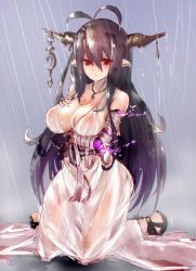 Rule 34 | 10s, 1girl, antenna hair, bad id, bad twitter id, bandaged arm, bandages, black hair, breasts, chromatic aberration, danua, deluxe&lt;&lt;&lt;, draph, dress, female focus, gradient background, granblue fantasy, horns, large breasts, long hair, nipples, pointy ears, rain, red eyes, solo, wet, wet clothes, wet dress, white dress