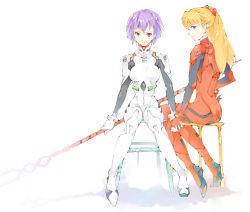 Rule 34 | 2girls, ass, ayanami rei, blue eyes, blue hair, bodysuit, bracer, breasts, expressionless, from side, full body, gloves, hair ornament, hand on own hip, holding, holding hands, holding weapon, interface headset, knees together feet apart, lance, lance of longinus (evangelion), long hair, looking at viewer, multiple girls, neon genesis evangelion, orange hair, pilot suit, plugsuit, polearm, profile, red eyes, red hair, shadow, short hair, simple background, sitting, small breasts, souryuu asuka langley, spear, stool, turtleneck, weapon, white background
