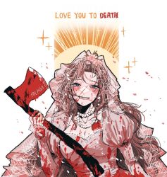 Rule 34 | 1girl, axe, blood, blood on clothes, blood on face, brown hair, dress, english text, fire axe, happy, holding, holding axe, jewelry, limbus company, long hair, necklace, nyak 138, parted bangs, parted lips, pearl necklace, project moon, rodion (project moon), simple background, smile, solo, sparkle, upper body, veil, very long hair, wedding dress, white background, white dress