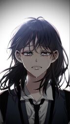 Rule 34 | 1girl, black eyes, black hair, blue jacket, choi jeongmin, crying, dreaming freedom, highres, jacket, long hair, looking at viewer, open mouth, sad, school uniform, shirt, simple background, solo, very long hair, white background, white shirt