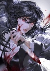 Rule 34 | 1girl, black hair, blood, blood on clothes, bloody weapon, dagger, dated, eyelashes, eyeshadow, fingernails, formal, gradient background, hair between eyes, highres, holding, holding dagger, holding knife, holding weapon, knife, long hair, makeup, original, parted lips, pink lips, red eyes, reverse grip, signature, solo, suit, teeth, upper body, vlfdus 0, weapon