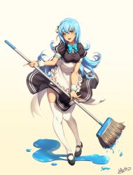 Rule 34 | 1girl, :d, apron, black dress, black footwear, blue hair, dress, flipped hair, full body, hair between eyes, looking at viewer, maid, metto, mole, mole under eye, mop, open mouth, original, puddle, puffy short sleeves, puffy sleeves, shoes, short sleeves, smile, solo, standing, thighhighs, waist apron, white thighhighs, wrist cuffs, yellow eyes
