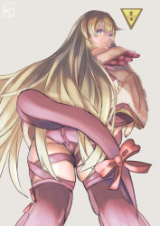 Rule 34 | 1girl, alternate costume, alternate hairstyle, ass, back, blonde hair, blue eyes, butt crack, cameltoe, detached sleeves, dizzy (guilty gear), guilty gear, guilty gear xrd, hair between eyes, hair down, highres, karuru nouking, long hair, looking back, monster girl, open mouth, panties, pink panties, pink ribbon, ribbon, sign, signature, solo, tail, tail ornament, tail ribbon, thigh strap, thighhighs, thighs, underwear, warning sign