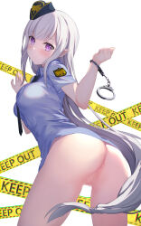 Rule 34 | 1girl, absurdres, alternate costume, ass, blush, bottomless, breasts, caution tape, censored, collared shirt, commentary request, cuffs, echiru39, emilia (re:zero), handcuffs, hat, highres, keep out, long hair, looking at viewer, medium breasts, mini hat, mosaic censoring, no pants, panties, pointy ears, police, police uniform, policewoman, purple eyes, pussy, re:zero kara hajimeru isekai seikatsu, shirt, short sleeves, solo, underwear, uniform, very long hair, white hair, white panties