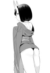 Rule 34 | 1girl, ass, back, bare shoulders, eyeshadow, fate/grand order, fate (series), greyscale, horns, japanese clothes, kimono, looking at viewer, looking back, makeup, monochrome, obi, off shoulder, oni, sash, shiromako, short hair, short kimono, shuten douji (fate), simple background, skin-covered horns, solo, thighs, twitter username, white background