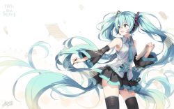 Rule 34 | 1girl, :d, armpits, asahi kuroi, bare shoulders, black skirt, black thighhighs, blue eyes, blue hair, blue necktie, blush, breasts, collared shirt, commentary request, contrapposto, cowboy shot, detached sleeves, english text, grey shirt, hair between eyes, hatsune miku, headphones, headset, highres, holding, holding pencil, long hair, long sleeves, looking away, looking to the side, miniskirt, musical note, necktie, open mouth, paper, pencil, pleated skirt, sheet music, shirt, signature, simple background, skirt, small breasts, smile, solo, thighhighs, very long hair, vocaloid, white background, wide sleeves, zettai ryouiki