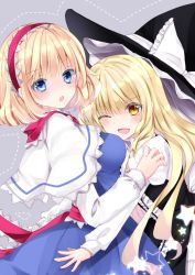 Rule 34 | 2girls, ;d, alice margatroid, bad id, bad pixiv id, black dress, black headwear, blonde hair, blue dress, blue eyes, blush, bow, breasts, brown eyes, capelet, center frills, dotted line, dress, fang, frilled bow, frills, grey background, hair between eyes, hairband, hat, hat bow, unworn hat, unworn headwear, juliet sleeves, kirisame marisa, long hair, long sleeves, looking at viewer, looking to the side, medium breasts, multiple girls, nanase nao, one eye closed, open mouth, puffy sleeves, red hairband, smile, touhou, very long hair, white bow, white capelet, witch hat, yuri