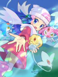 Rule 34 | 1girl, ^ ^, absurdres, artist name, azelf, beanie, blue eyes, blue hair, blue sky, blurry, blush, boots, buttons, closed eyes, closed mouth, creatures (company), dated, dawn (pokemon), day, depth of field, dress, dutch angle, female focus, forehead jewel, from side, game freak, gem, gen 4 pokemon, hair ornament, hairclip, happy, hat, highres, holding, holding pokemon, knee boots, leg up, legendary pokemon, light blush, long hair, long sleeves, looking at another, looking at viewer, matching hair/eyes, mesprit, nintendo, open mouth, outdoors, over-kneehighs, pink dress, pink footwear, poke ball symbol, pokemon, pokemon (creature), pokemon dppt, pokemon platinum, reaching, reaching towards viewer, red gemstone, scarf, short dress, sidelocks, signature, sky, smile, standing, standing on one leg, thighhighs, twitter username, uxie, white headwear, white scarf, white thighhighs, winter clothes, yellow eyes, yutano (yutano tantan)