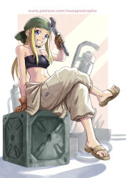 Rule 34 | 1girl, black tube top, blonde hair, blue eyes, brown gloves, crossed legs, earclip, feet, fullmetal alchemist, gloves, grin, head scarf, holding, holding wrench, looking at viewer, maxa&#039;, navel, sandals, sitting, smile, solo, strapless, toenails, toes, tube top, winry rockbell, wrench